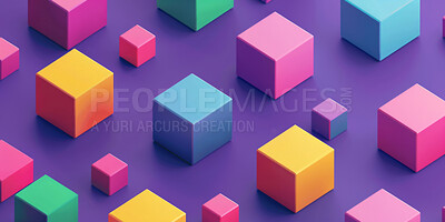 Buy stock photo Cubes, wallpaper and graphic, 3d and abstract design and creative, pattern and virtual. Neon, geometric and techno, textures and structure, digital and glow background and form with illustration