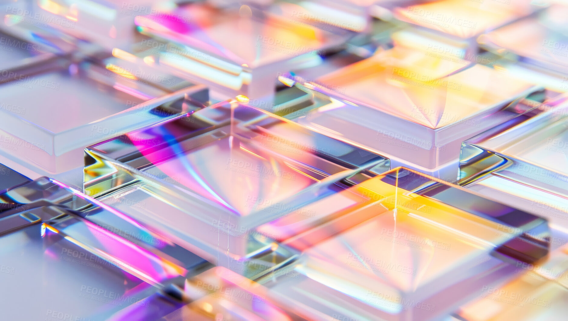 Buy stock photo Vivid, tiled and shapes with textures in 3d for abstract, quantum mechanics with closeup for science. Overlay, moving and squares in hologram or neon for effect, innovation or wallpaper or pattern