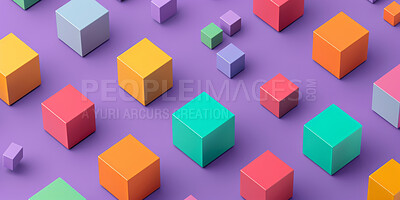 Buy stock photo Graphic, cubes and color with shape, abstract digital and visualisation for crypto innovation. Blockchain, technology and big data with internet, software or network database for futuristic system
