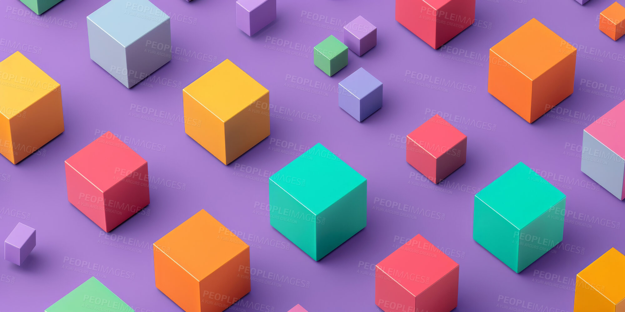 Buy stock photo Graphic, cubes and color with shape, abstract digital and visualisation for crypto innovation. Blockchain, technology and big data with internet, software or network database for futuristic system