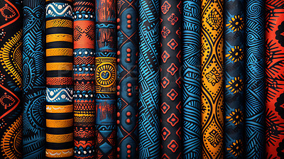 Buy stock photo Tribal, African art and background with pattern on wall or fabric with creative symbol of culture. Temple, column and abstract geometric shape on mural surface with painting in gold, blue and red