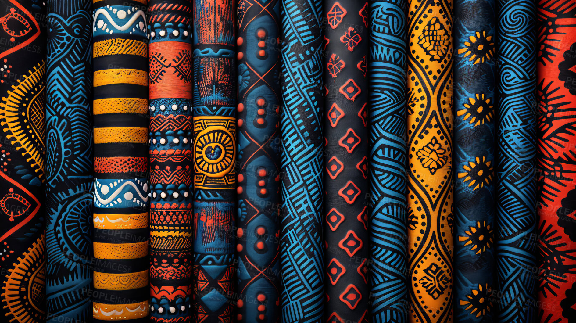 Buy stock photo Tribal, African art and background with pattern on wall or fabric with creative symbol of culture. Temple, column and abstract geometric shape on mural surface with painting in gold, blue and red