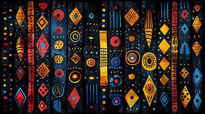 Buy stock photo Tribal, African art and background with pattern on wall or mural with creative symbol of culture. Geometric, painting and abstract shape on dark surface with gold, blue and red icon or design