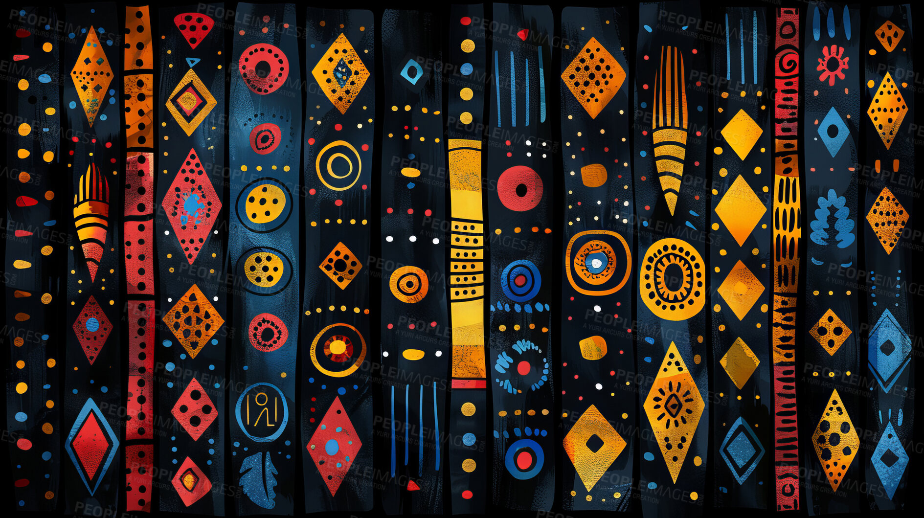 Buy stock photo Tribal, African art and background with pattern on wall or mural with creative symbol of culture. Geometric, painting and abstract shape on dark surface with gold, blue and red icon or design