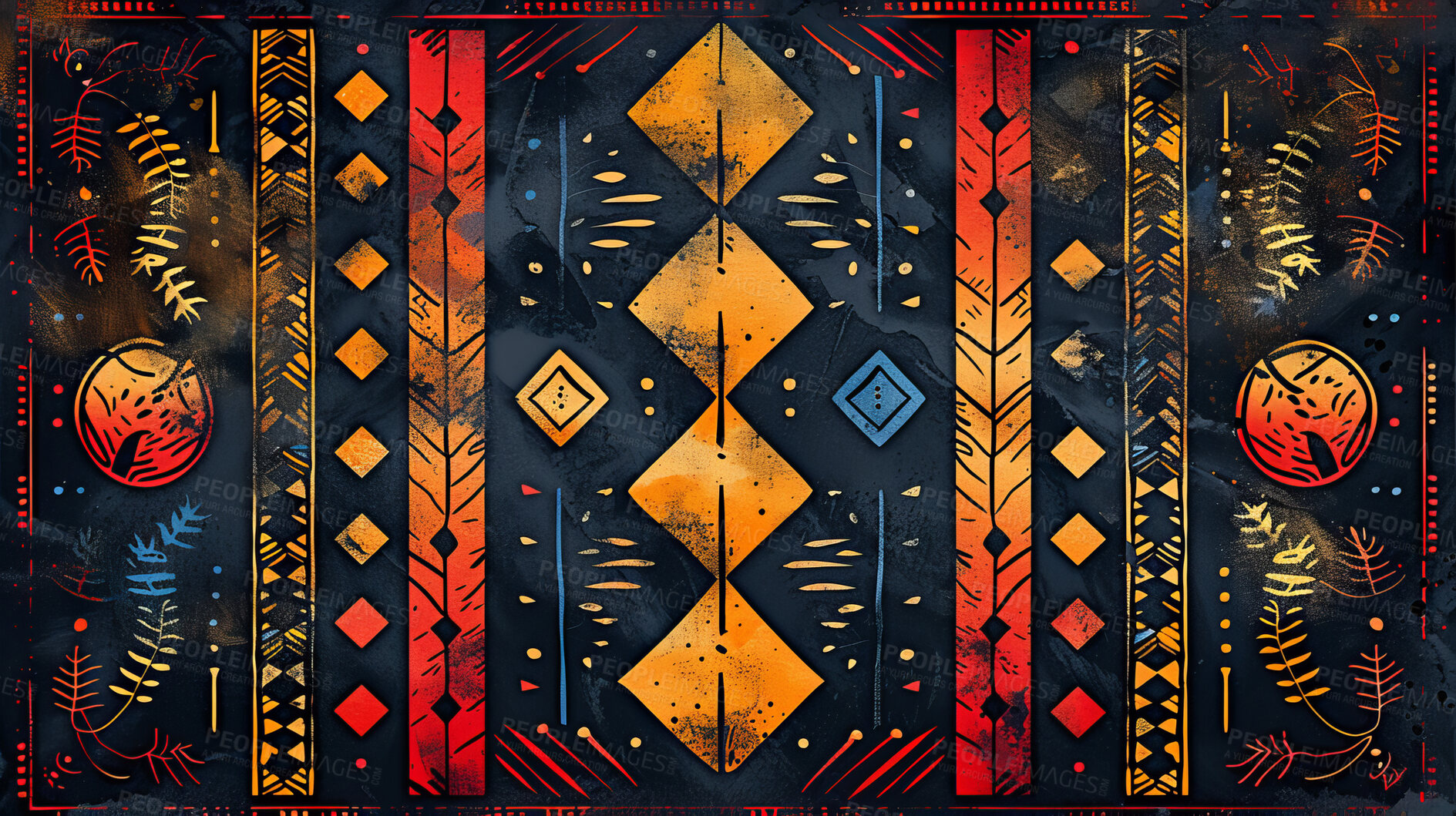 Buy stock photo Tribal, African art and wallpaper with pattern on mural, print or creative icon of culture in background. Geometric, painting and abstract shape on dark surface with gold, blue and red in design