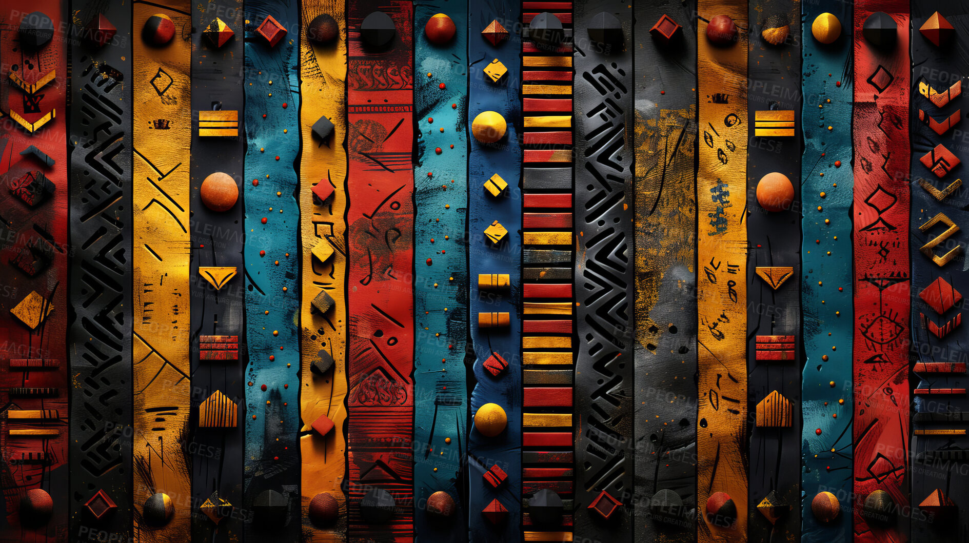 Buy stock photo Geometric, African and pattern, ancient art and texture of background, object and culture of illustration. Textile, design and creative with lines, style and decoration, vintage and shape of set