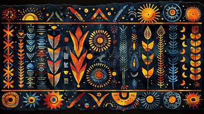 Buy stock photo Ethnic, tribal and seamless abstract patterns for background, wallpaper and heritage museum. Cultural, native and creative art design for backdrop, gallery or traditional decor exhibition by artist