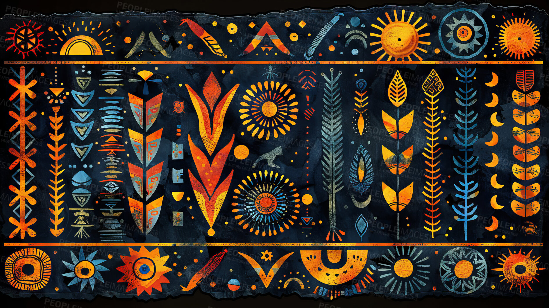 Buy stock photo Ethnic, tribal and seamless abstract patterns for background, wallpaper and heritage museum. Cultural, native and creative art design for backdrop, gallery or traditional decor exhibition by artist