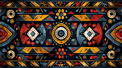 Buy stock photo Mosaic, abstract and African pattern on art, illustration and creative design of indigenous symbol. Vintage, graphic and wallpaper with color for culture, spiritual sign and 3d texture of tribal icon