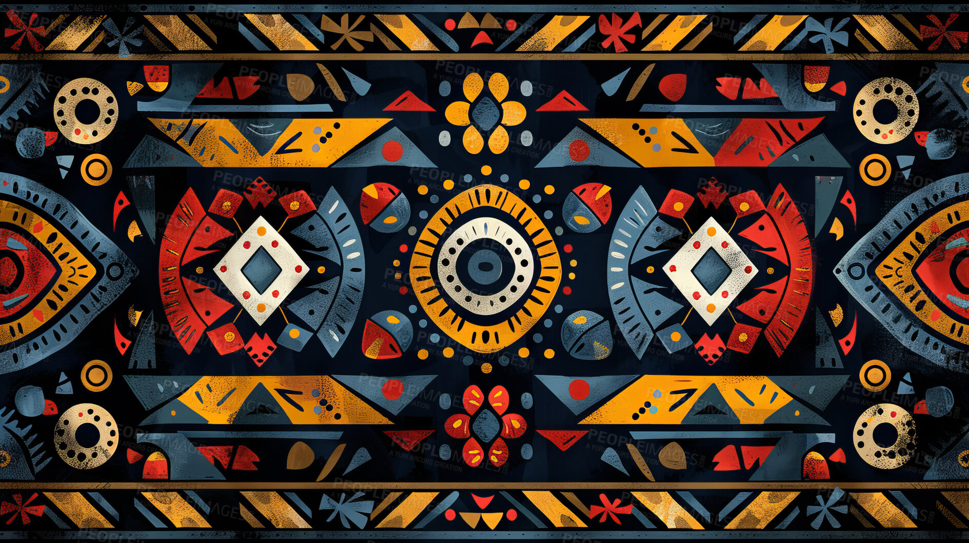 Buy stock photo Mosaic, abstract and African pattern on art, illustration and creative design of indigenous symbol. Vintage, graphic and wallpaper with color for culture, spiritual sign and 3d texture of tribal icon