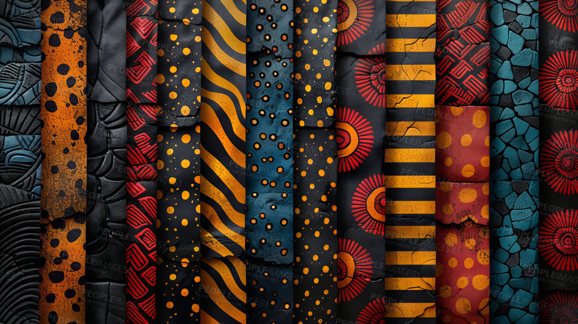 Buy stock photo African art, wall and ancient pattern in background with creative icon symbol in mural collage. Temple, column and wallpaper of geometric tribal painting with shape on surface in gold, red and blue