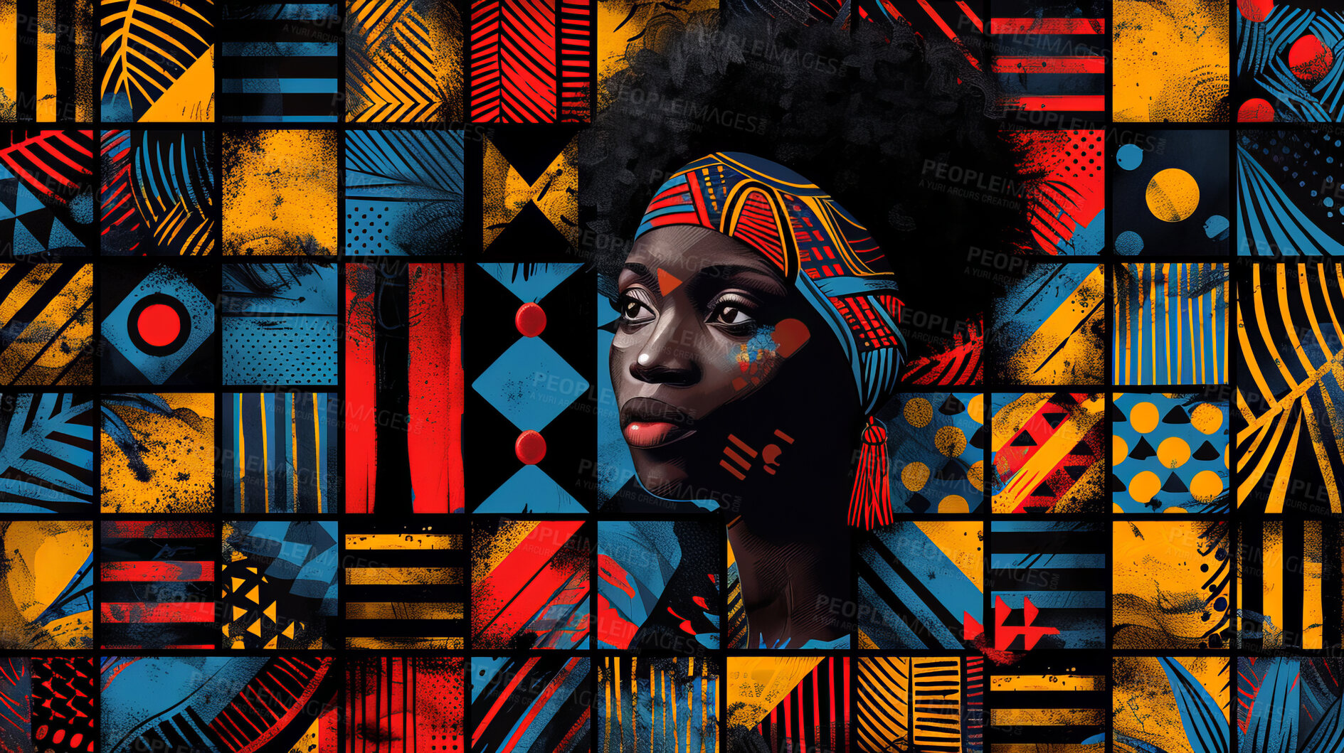 Buy stock photo African, illustration and face with geometric, background and tribal art or wallpaper texture. Traditional, decoration and design with 3d, graphic and abstract carving or paint for dynamic shape