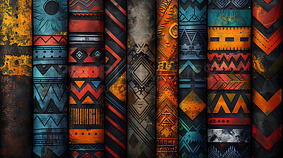 Buy stock photo African art, wall and ancient background with creative pattern with symbol of culture in geometric mural. Temple, column and tribal carving of shape in surface with painting in gold, red and blue