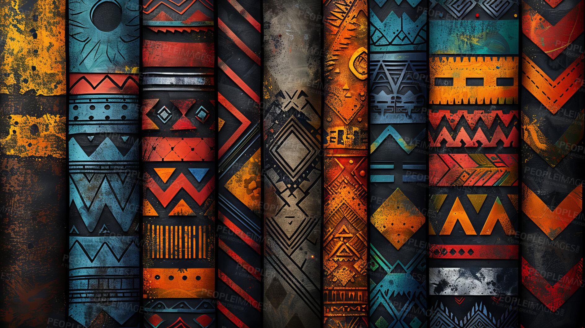 Buy stock photo African art, wall and ancient background with creative pattern with symbol of culture in geometric mural. Temple, column and tribal carving of shape in surface with painting in gold, red and blue