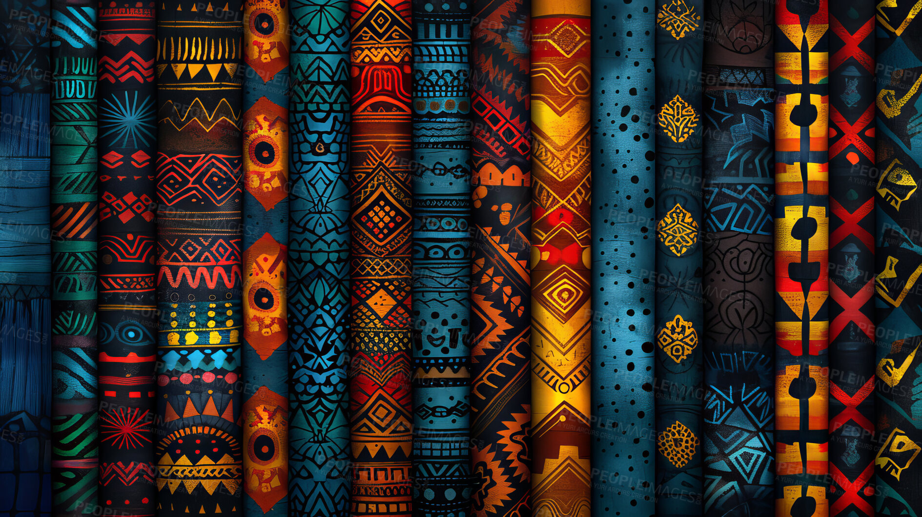Buy stock photo Tribal, African art and texture with design for cultural mural, painting or colorful pattern. Creative, abstract and geometric shapes by dark background with print, illustration or drawing icon.