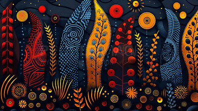 Buy stock photo Tribal, African art and illustration with pattern for cultural mural, print or painting with color. Geometric, creative and texture shapes by dark background with design, abstract or drawing.