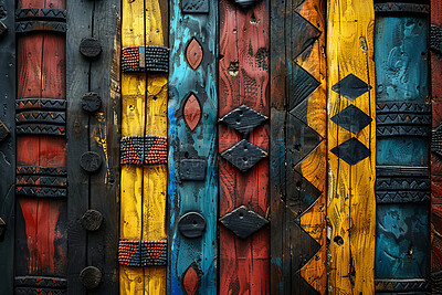 Buy stock photo African art, wall and ancient background engraving with creative geometric pattern with textures. Tribal, culture and carving of shape in colorful surface with painting, sculpture and beads on wood