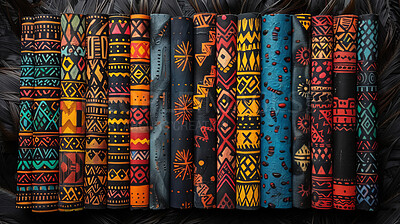 Tribal, African art and texture with print for cultural mural, painting or colorful pattern. Creative, abstract and geometric shapes by dark background with design, illustration or drawing icon.