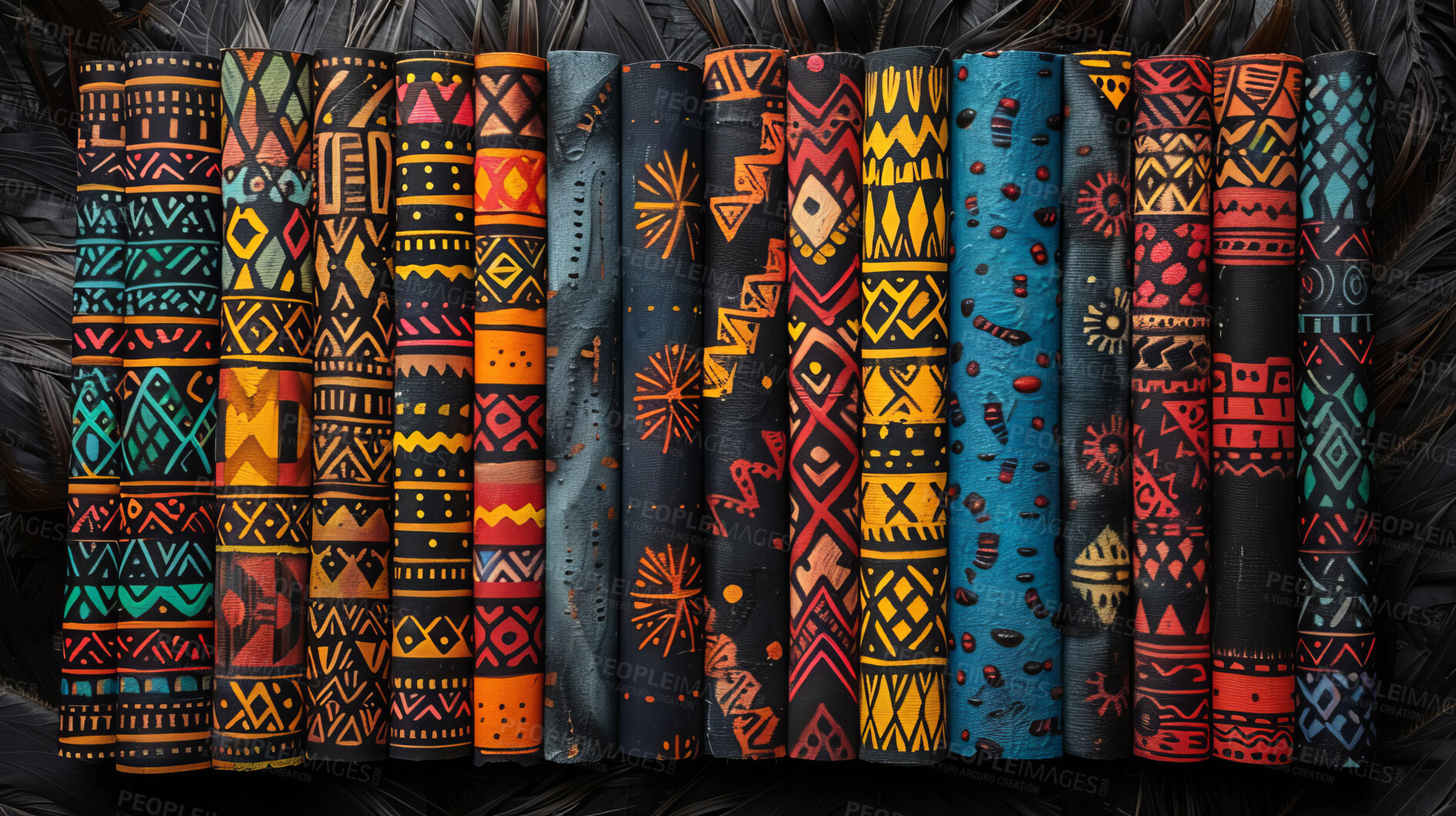 Buy stock photo Tribal, African art and texture with print for cultural mural, painting or colorful pattern. Creative, abstract and geometric shapes by dark background with design, illustration or drawing icon.