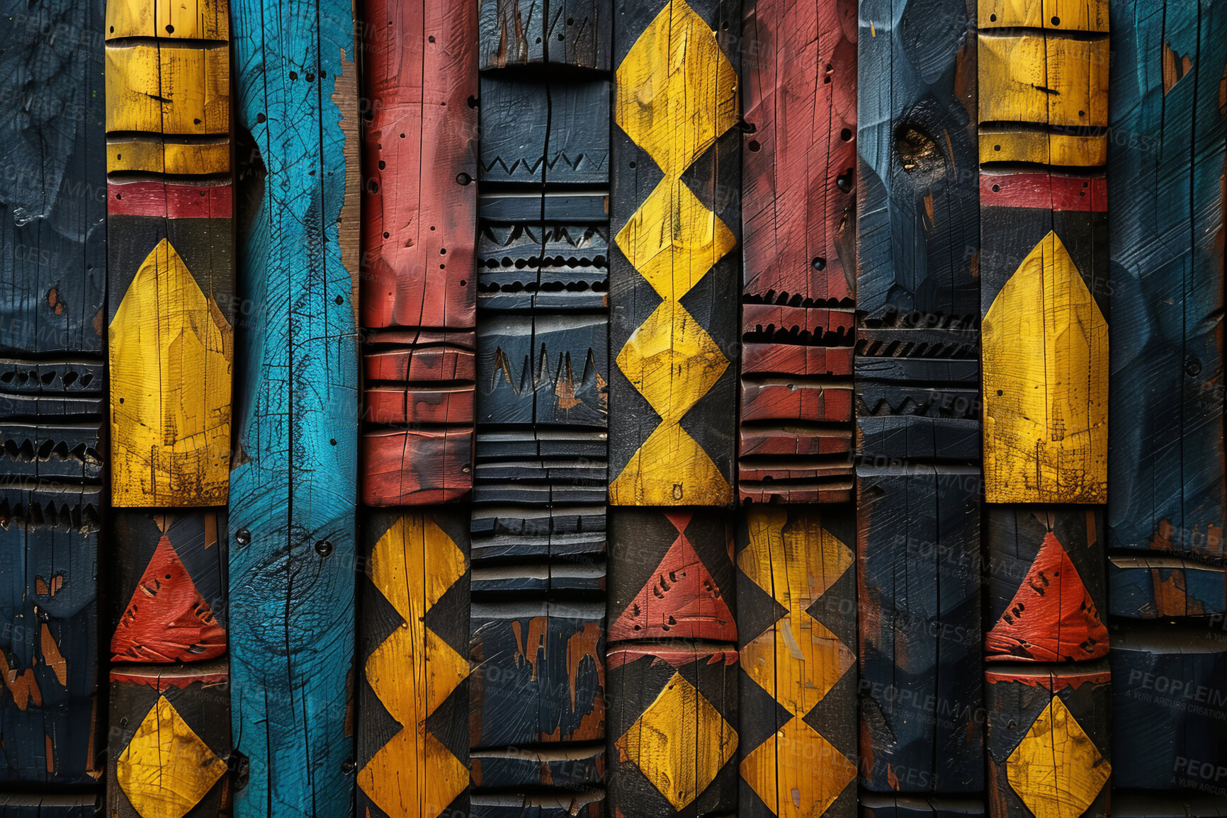 Buy stock photo African art, wall and ancient background engraving with creative pattern in painting of culture. Temple, decoration and carving of shape in surface with gold, blue and red on stone in tribal mural