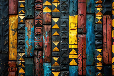 Tribal, pattern and mural of African art on wall or creative collage of culture icon and symbol in background. Geometric, painting and abstract carving on surface with gold, blue and red in design
