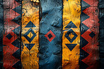 African art, wall and painting on background with creative pattern with icon on textures. Temple, mural and tribal shape from culture on surface with gold, red and blue design for decoration