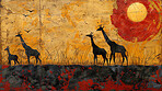 Abstract, rock and art with painting of animal with symbol for background in cave. Ancient, past and drawing with giraffe on wall in design for history in Africa for heritage with signs in tribe