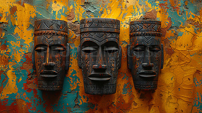 Buy stock photo Mask, wood and traditional sculpture on wall, cultural and ethnic decoration. Mythology, carved and Tiki face cover for protection, icons and god or totem and native to Hawaii for handmade art