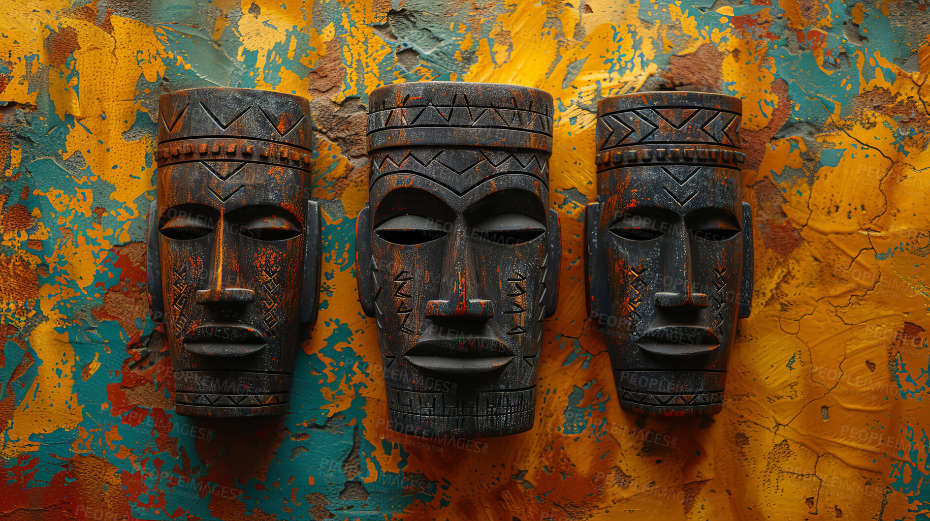 Buy stock photo Mask, wood and traditional sculpture on wall, cultural and ethnic decoration. Mythology, carved and Tiki face cover for protection, icons and god or totem and native to Hawaii for handmade art