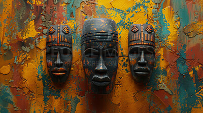 Tribal, mask and African figures, art and traditional on wall for decoration. Creative, design and history or ethnic carving with texture, wood and brush strokes or cultural storytelling and abstract
