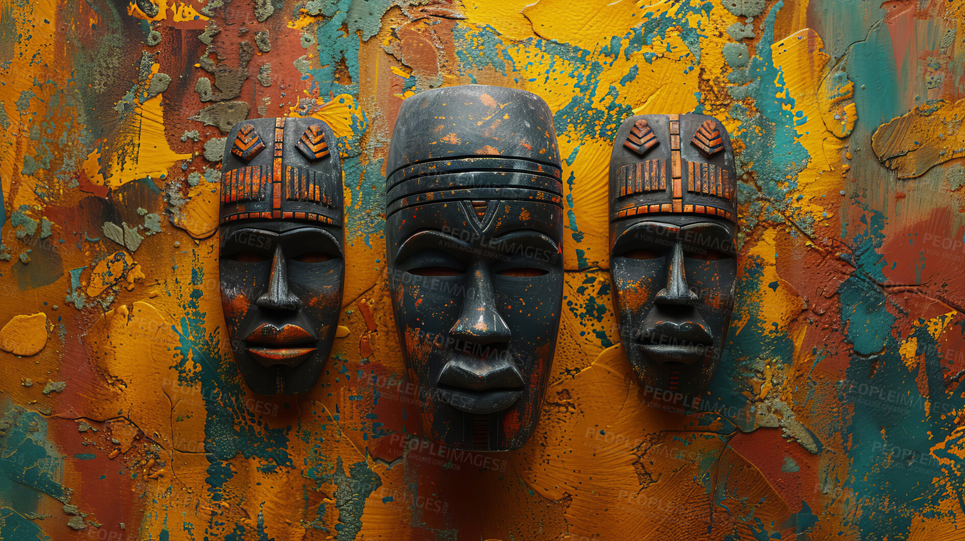 Buy stock photo Tribal, mask and African figures, art and traditional on wall for decoration. Creative, design and history or ethnic carving with texture, wood and brush strokes or cultural storytelling and abstract