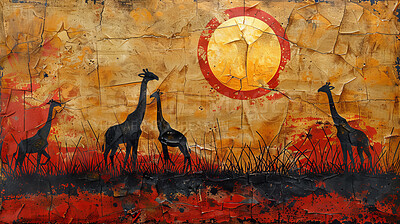 Abstract, rock and art with painting of animals with symbol for background in cave. Ancient, drawings and past with giraffe on wall with design for history in Africa with signs for heritage in tribe