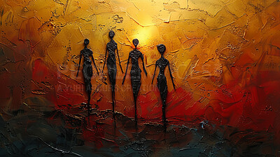 Buy stock photo Tribal, painting and illustration of figures, cave art and African for traditional silhouettes. Creative, design and culture drawing with texture, brush strokes or cultural story or abstract history