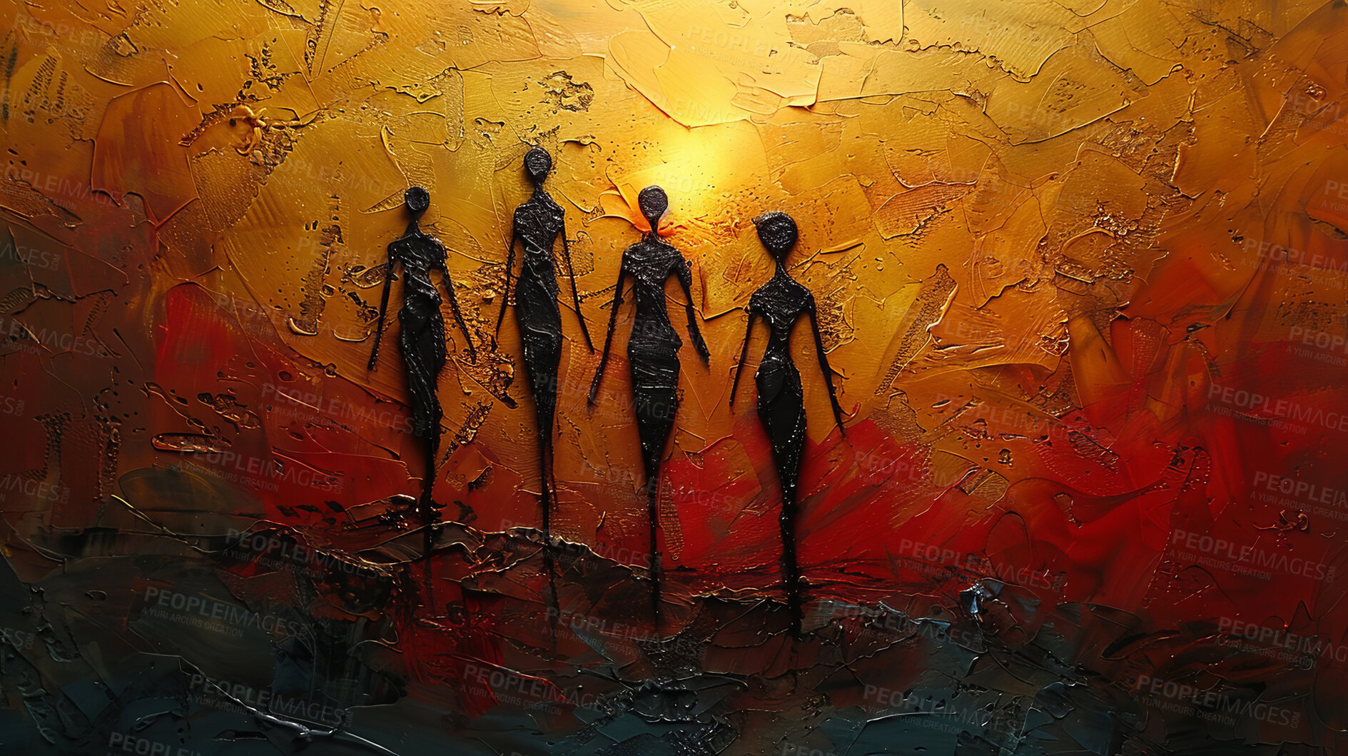 Buy stock photo Tribal, painting and illustration of figures, cave art and African for traditional silhouettes. Creative, design and culture drawing with texture, brush strokes or cultural story or abstract history