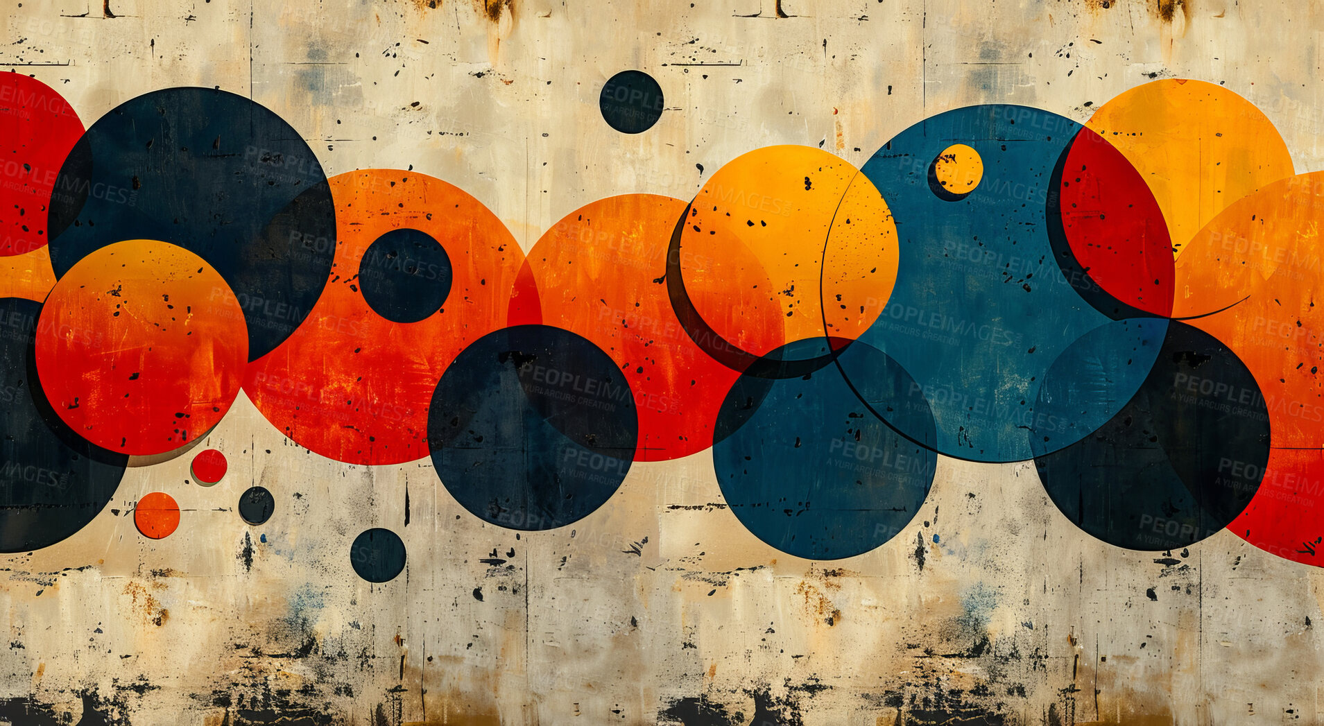 Buy stock photo Painting, circles and shape for futuristic art, retro illustration and artistic visual for decor. Round, bubble and transparent design together with orange, blue and yellow for neon, vibrant and bold