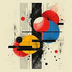 Retro, art and abstract with creativity, vintage and painting with shapes and colorful with inspiration. Artistic, pattern and psychedelic with poster and trippy with wallpaper, stylish and template