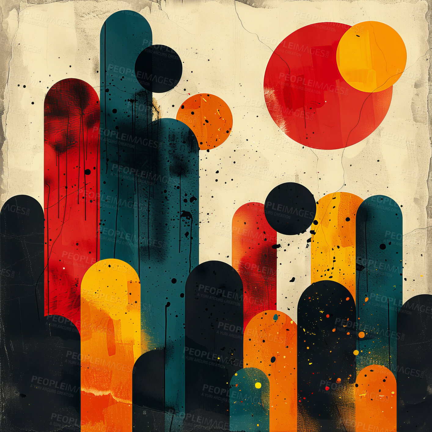 Buy stock photo Art, shapes and abstract geometric painting for wallpaper, background and exhibition. Contemporary, minimalist and elegant design with circle for home decor, backdrop and luxury festival or fair