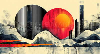 Buy stock photo Illustration, city and sun with retro art for wallpaper with eclipse for wall deco with textures. Street art, color and creative with sunset or background with building, studio drawing and wave