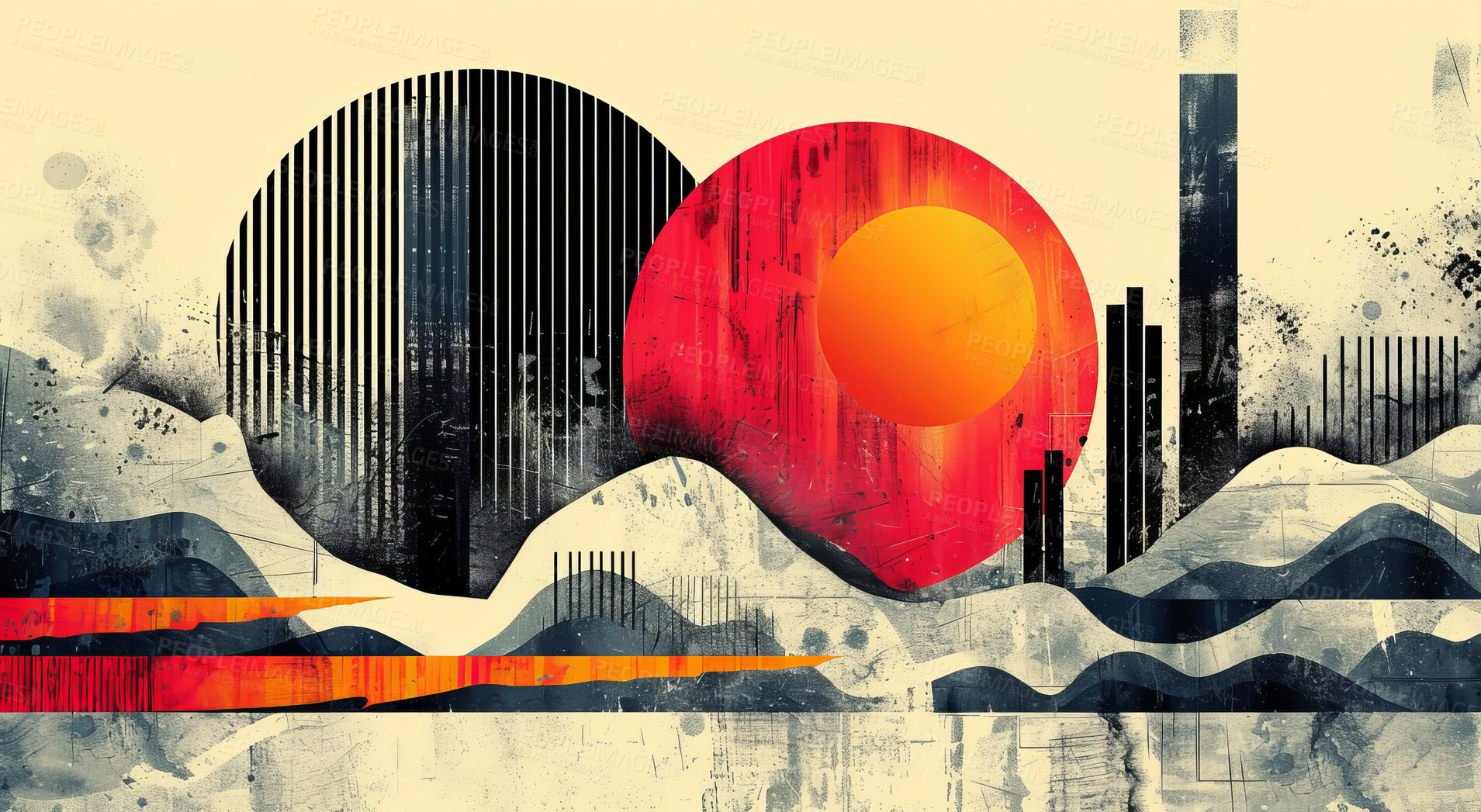 Buy stock photo Illustration, city and sun with retro art for wallpaper with eclipse for wall deco with textures. Street art, color and creative with sunset or background with building, studio drawing and wave