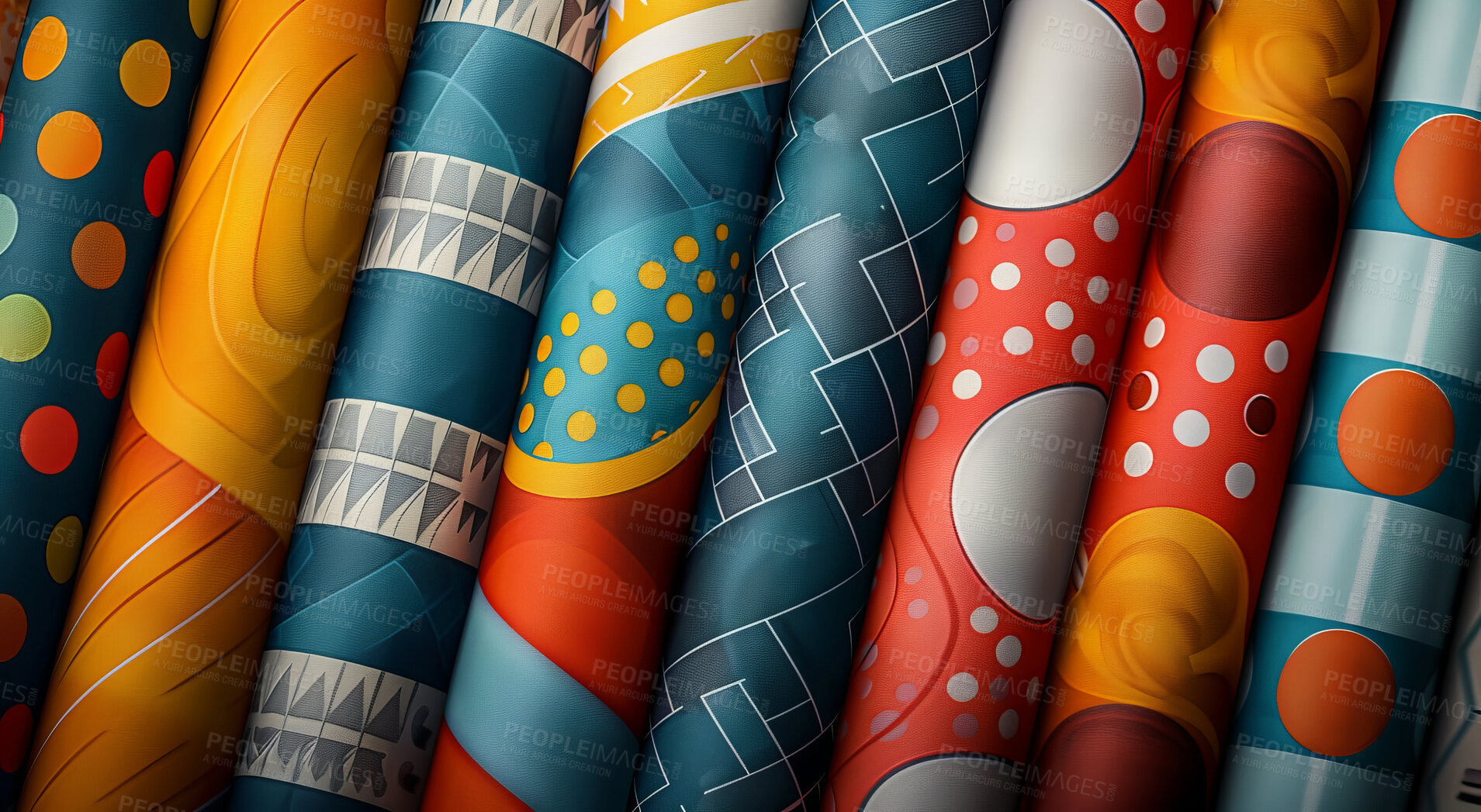 Buy stock photo Pattern, present and roll of gift wrap with decoration for wrapping, packaging and creativity. Abstract, design and illustration of paper with product for supplies, wallpaper and texture on print