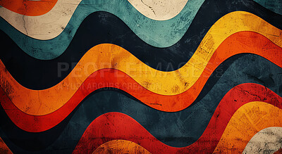 Buy stock photo Retro, artwork and line with color, creativity and artistic with textures and abstract with wave. Stripe, pattern or graphic design for poster or wallpaper with paint or psychedelic with illustration