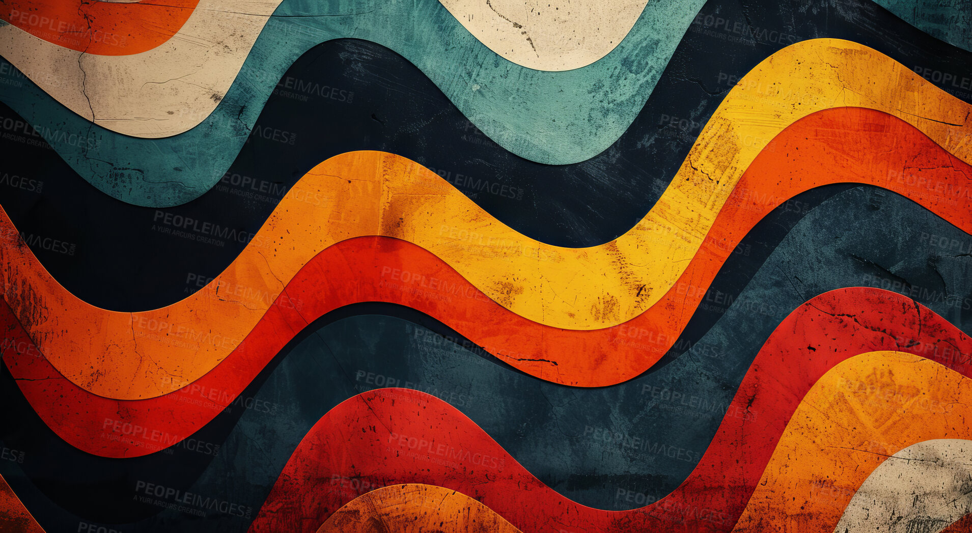 Buy stock photo Retro, artwork and line with color, creativity and artistic with textures and abstract with wave. Stripe, pattern or graphic design for poster or wallpaper with paint or psychedelic with illustration