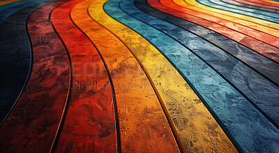 Buy stock photo Art, abstract and rainbow wave wallpaper texture for creative, background and exhibition. Painting, color and illustration design with lines for home decor, backdrop and desktop homepage or festival