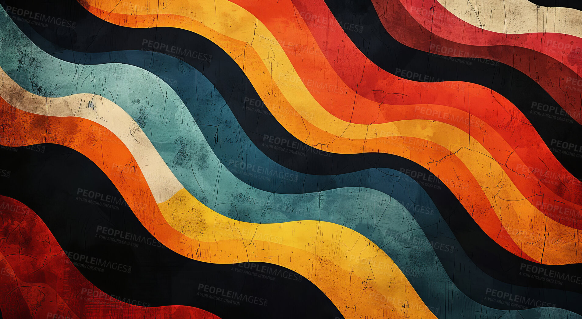 Buy stock photo Color, retro and wallpaper pattern with lines, shape and squiggle for creative art background. Texture, wave and vintage design, illustration or backdrop for rainbow paint, artwork or palette on wall
