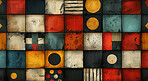 Mosaic, art and illustration with pattern on collage, blocks or graphic design of wallpaper. Vintage, creative or color by print for tile, retro interior or abstract texture of geometric layout