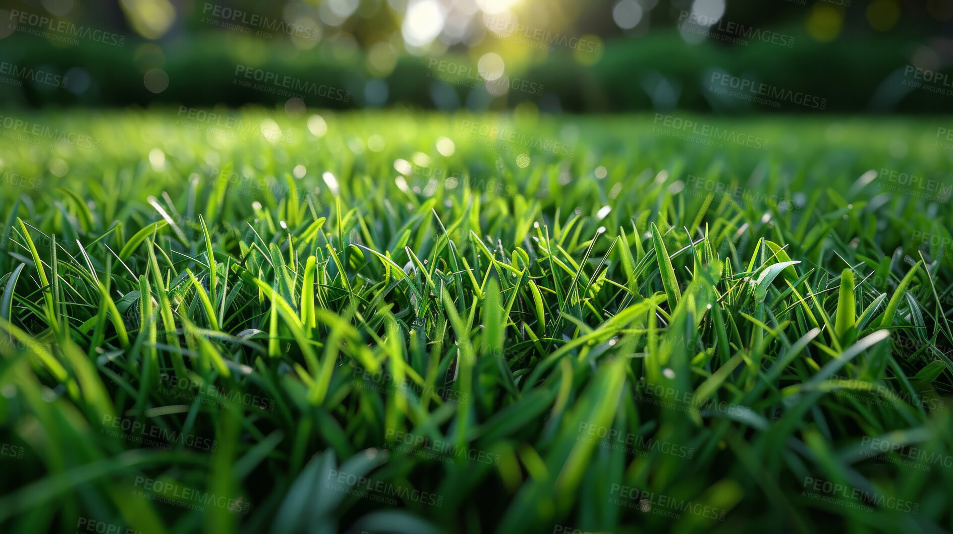 Buy stock photo Grass, closeup and bokeh in nature outdoor at field in the countryside in Switzerland on background. Lawn, park and garden with green plants for ecology, environment and light on summer landscape