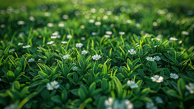 Buy stock photo Daisy, flowers and nature environment on field grassland for spring growth at countryside, meadow or plants. Flora, blooming and outdoor in rural Scotland for summer traveling, explore or backyard