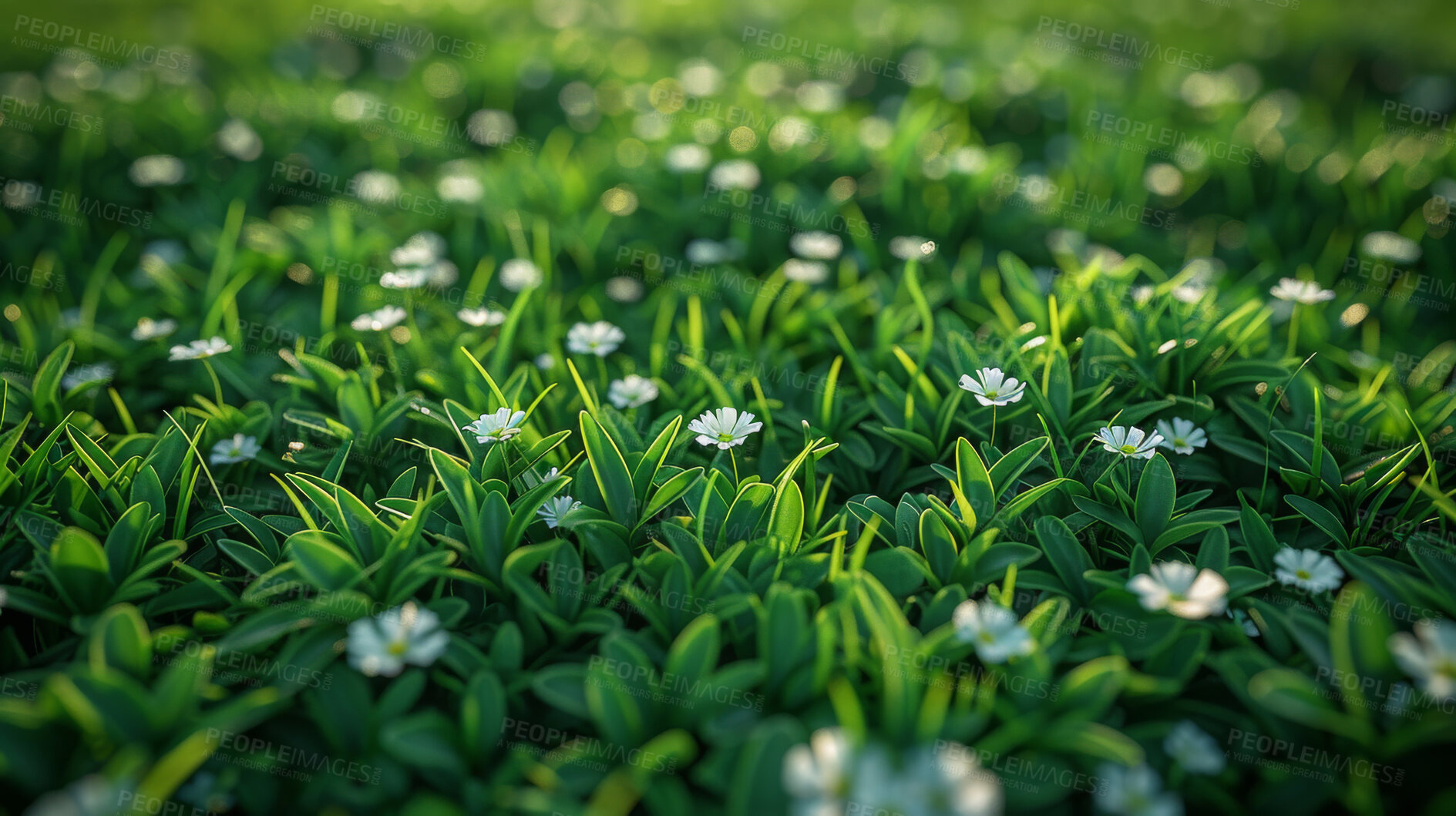 Buy stock photo Daisy, flowers and nature environment on field grassland for spring growth at countryside, meadow or plants. Flora, blooming and outdoor in rural Scotland for summer traveling, explore or backyard