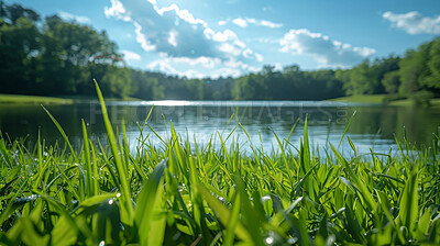 Buy stock photo Green grass, lake and nature outdoor in environment with blue sky, clouds or water in Canada. River, park or lawn with plants at garden in the countryside for ecology, summer or closeup on background