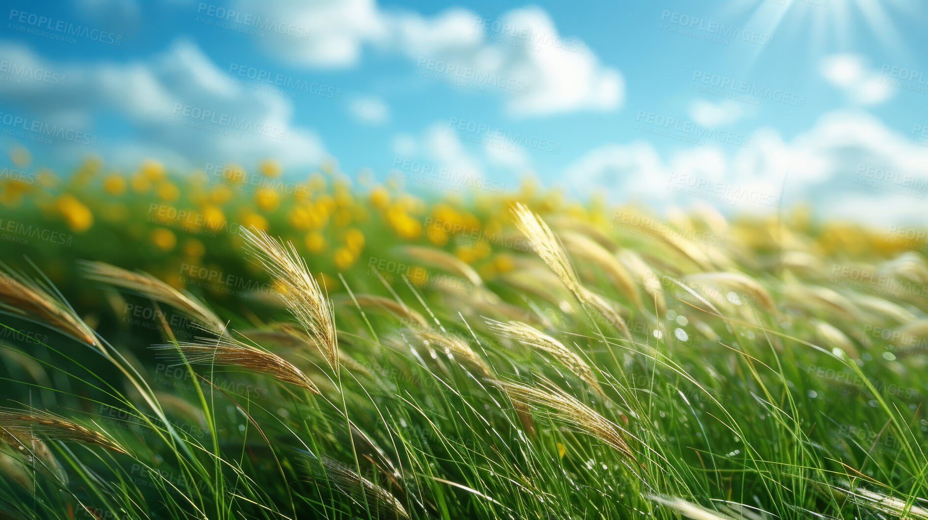 Buy stock photo Nature, grass and wheat in field for harvest with sustainable, agriculture and agro environment. Blue sky, eco friendly and grain plants for natural or organic food farming on land in countryside.